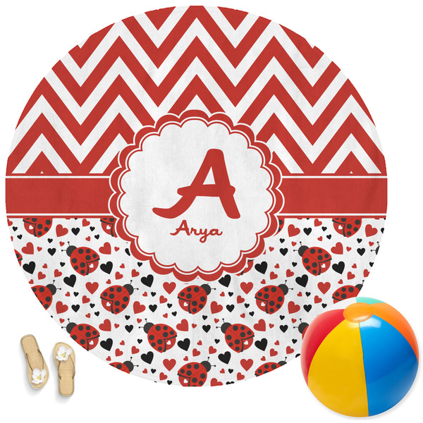 Custom Ladybugs & Chevron Round Beach Towel (Personalized)