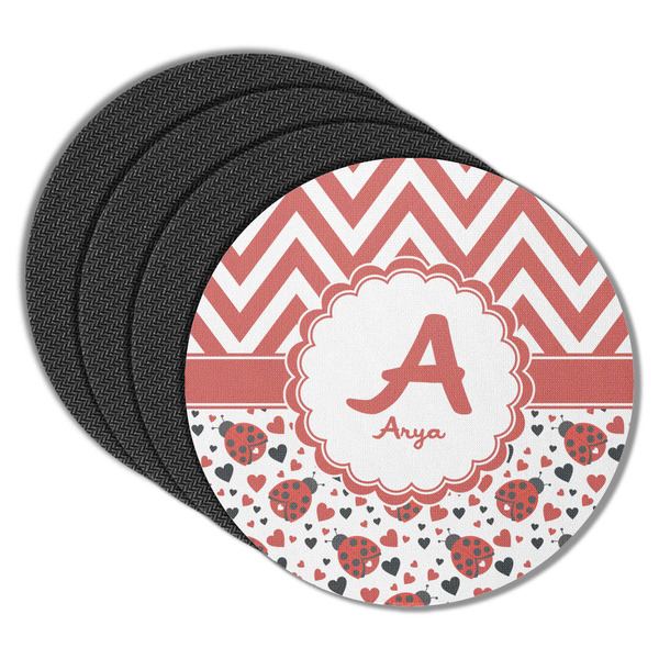 Custom Ladybugs & Chevron Round Rubber Backed Coasters - Set of 4 (Personalized)