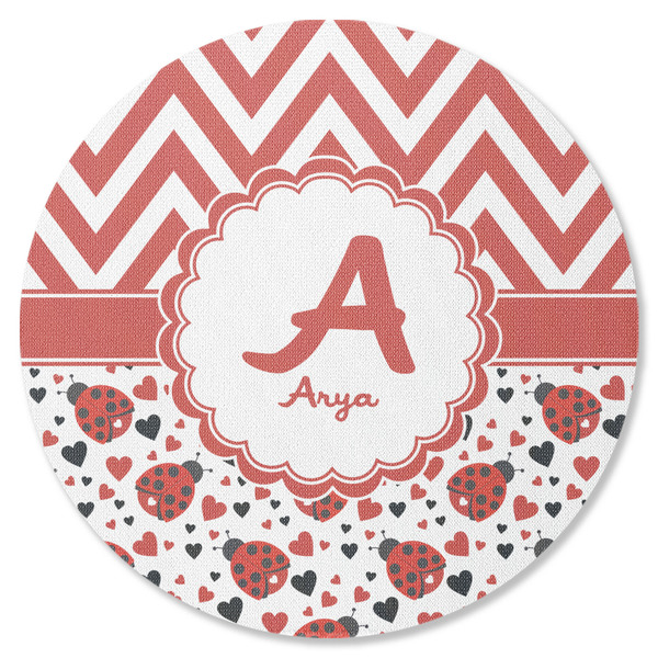 Custom Ladybugs & Chevron Round Rubber Backed Coaster (Personalized)