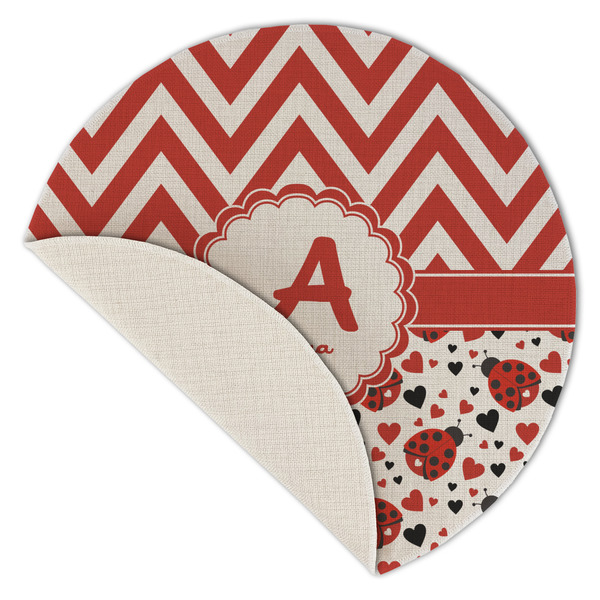 Ladybugs & Chevron Round Linen Placemats - Front (folded corner single sided)