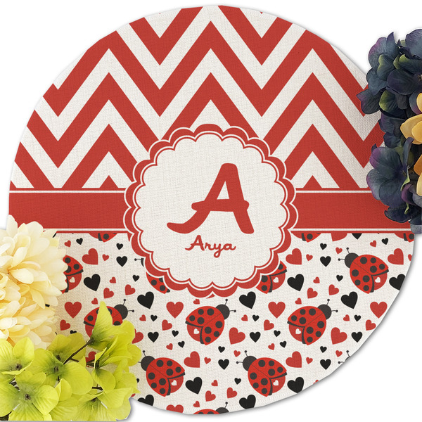Ladybugs & Chevron Round Linen Placemats - Front (w flowers)
