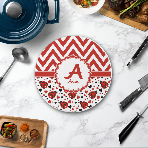 Ladybugs & Chevron Round Stone Trivet - In Context View