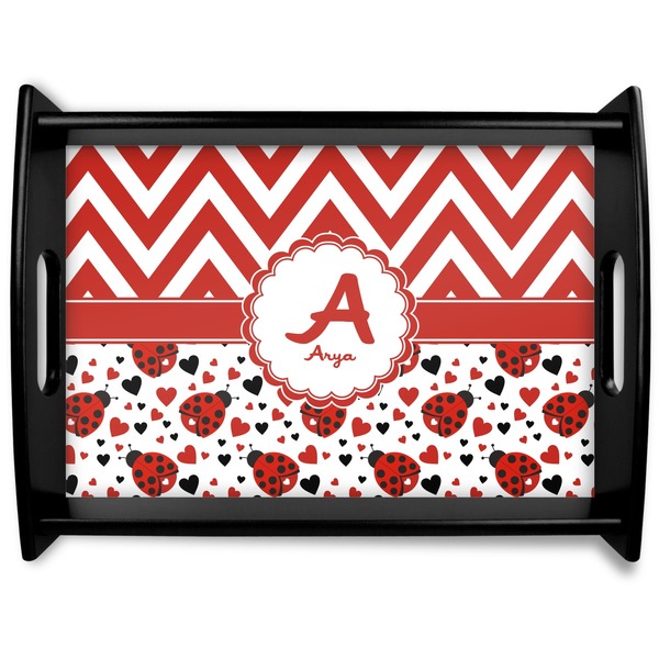 Custom Ladybugs & Chevron Black Wooden Tray - Large (Personalized)