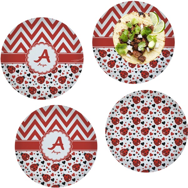 Custom Ladybugs & Chevron Set of 4 Glass Lunch / Dinner Plate 10" (Personalized)