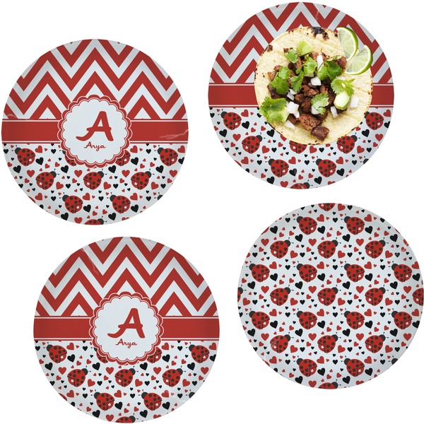 Ladybugs & Chevron Set of Lunch / Dinner Plates