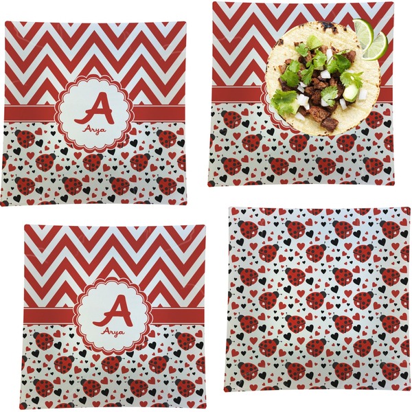 Custom Ladybugs & Chevron Set of 4 Glass Square Lunch / Dinner Plate 9.5" (Personalized)