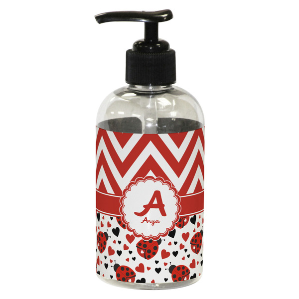 Custom Ladybugs & Chevron Plastic Soap / Lotion Dispenser (8 oz - Small - Black) (Personalized)