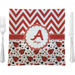 Ladybugs & Chevron 9.5" Glass Square Lunch / Dinner Plate- Single or Set of 4 (Personalized)