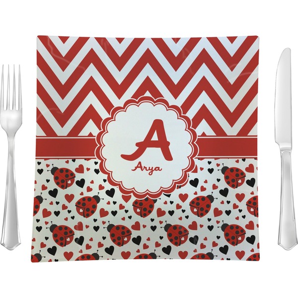Custom Ladybugs & Chevron 9.5" Glass Square Lunch / Dinner Plate- Single or Set of 4 (Personalized)
