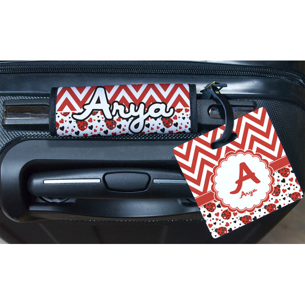 Ladybugs & Chevron Square Luggage Tag & Handle Wrap - In Context
