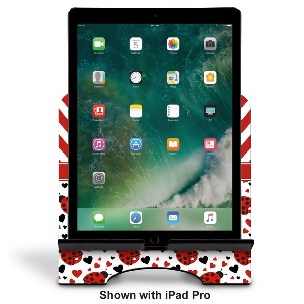 Ladybugs & Chevron Stylized Tablet Stand - Front with ipad