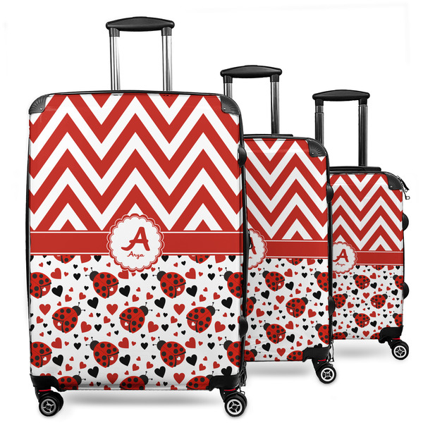 Custom Ladybugs & Chevron 3 Piece Luggage Set - 20" Carry On, 24" Medium Checked, 28" Large Checked (Personalized)
