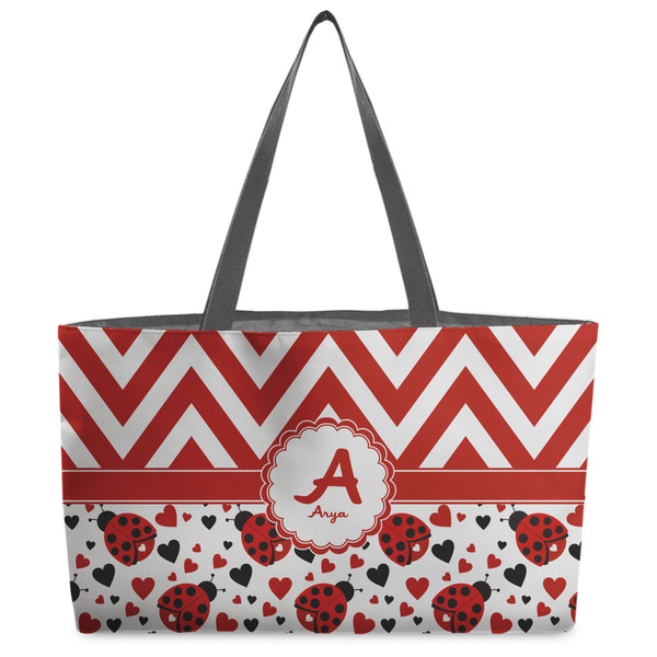 Custom Ladybugs & Chevron Beach Totes Bag - w/ Black Handles (Personalized)