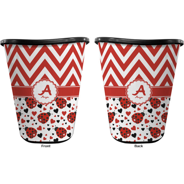 Ladybugs & Chevron Trash Can Black - Front and Back - Apvl