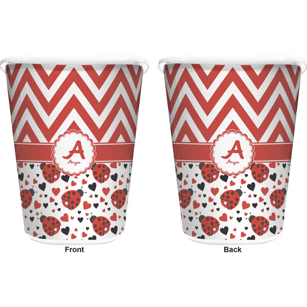 Ladybugs & Chevron Trash Can White - Front and Back - Apvl