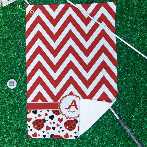 Ladybugs & Chevron Waffle Weave Golf Towel - In Context