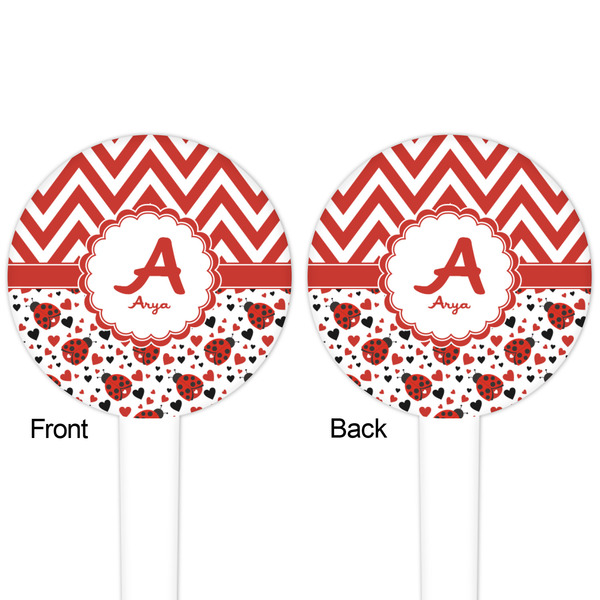 Ladybugs & Chevron White Plastic 4" Food Pick - Round - Double Sided - Front & Back