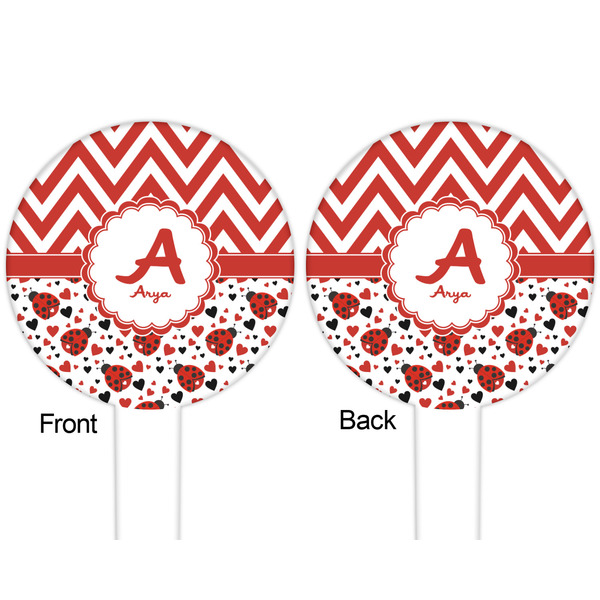 Ladybugs & Chevron White Plastic 6" Food Pick - Round - Double Sided - Front & Back