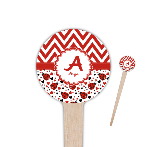 Custom Ladybugs & Chevron 4" Round Wooden Food Picks - Double Sided (Personalized)