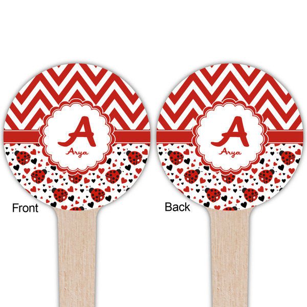 Ladybugs & Chevron Wooden 4" Food Pick - Round - Double Sided - Front & Back