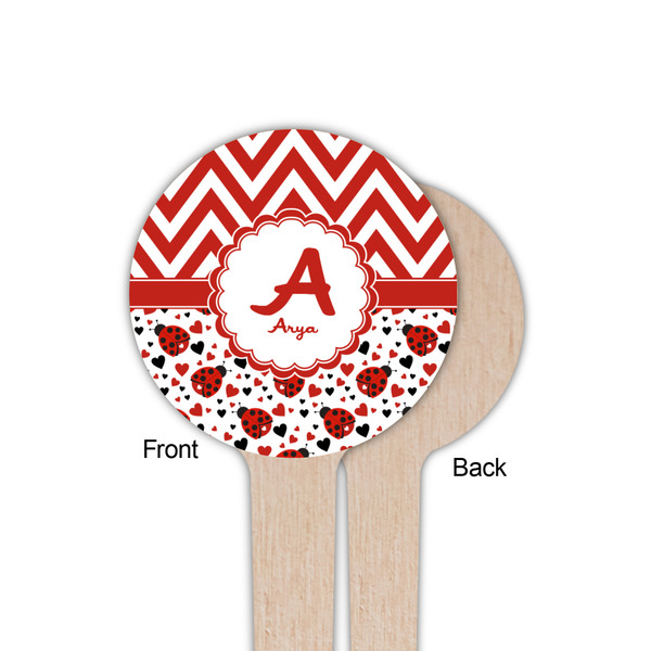 Ladybugs & Chevron Wooden 4" Food Pick - Round - Single Sided - Front & Back