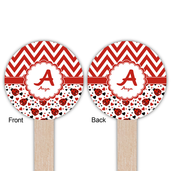 Ladybugs & Chevron Wooden 6" Food Pick - Round - Double Sided - Front & Back