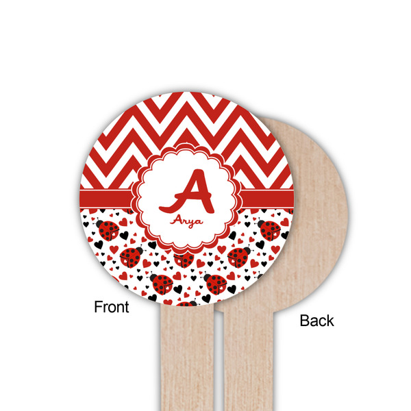Ladybugs & Chevron Wooden 6" Food Pick - Round - Single Sided - Front & Back