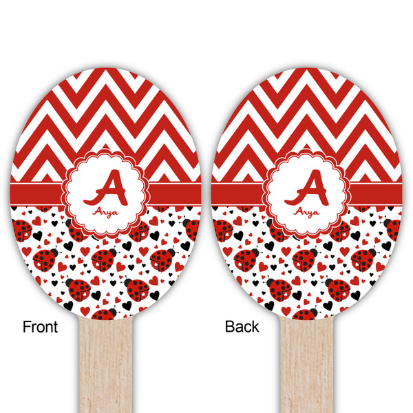Ladybugs & Chevron Wooden Food Pick - Oval - Double Sided - Front & Back