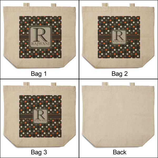 Gray Dots 3 Reusable Cotton Grocery Bags - Front & Back View