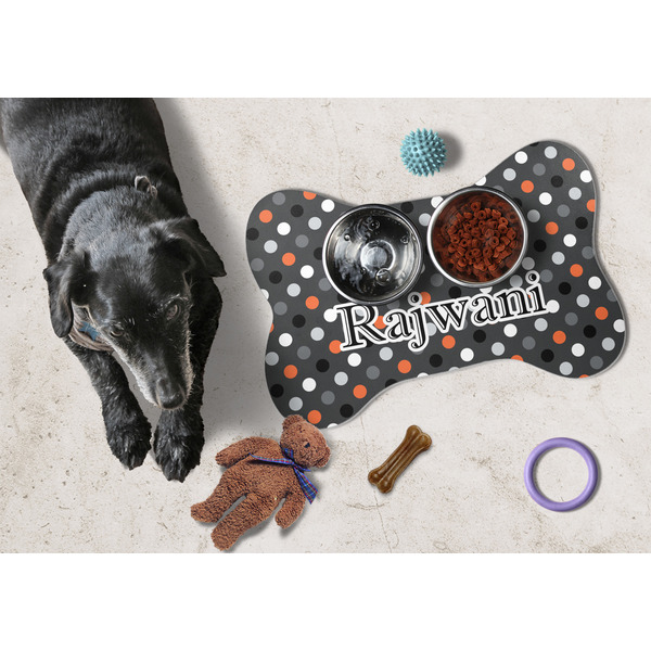 Gray Dots Bone Shaped Mat w/ Food & Water
