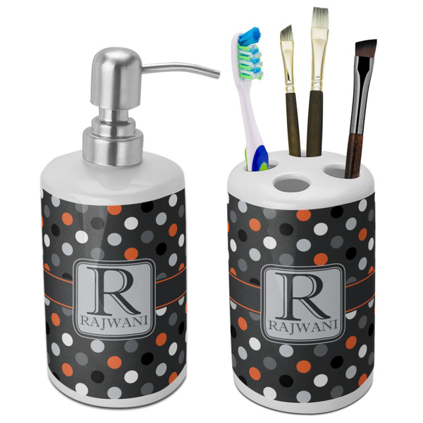Custom Gray Dots Ceramic Bathroom Accessories Set (Personalized)