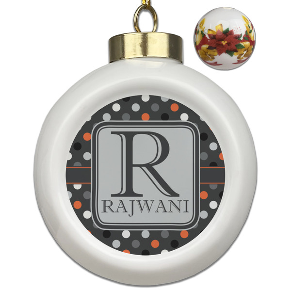 Custom Gray Dots Ceramic Ball Ornaments - Poinsettia Garland (Personalized)