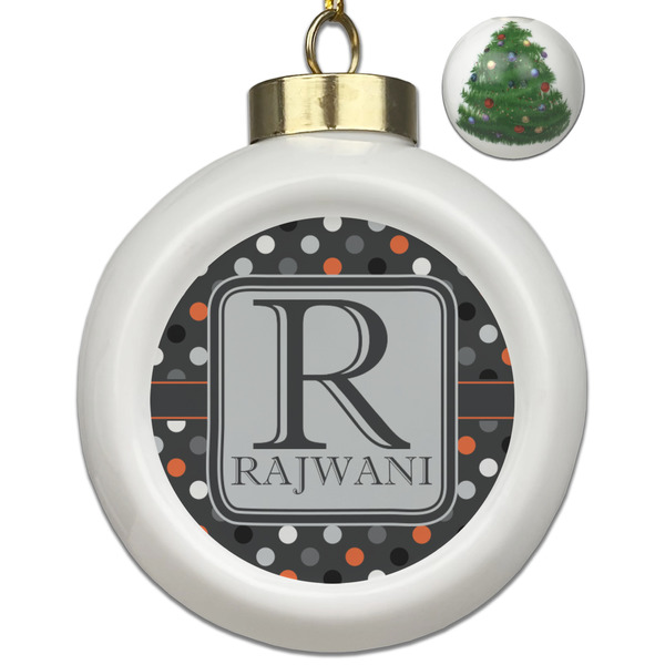 Custom Gray Dots Ceramic Ball Ornament - Christmas Tree (Personalized)