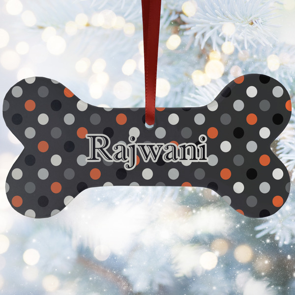 Custom Gray Dots Ceramic Dog Ornament w/ Name and Initial
