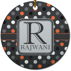 Gray Dots Round Ceramic Ornament w/ Name and Initial