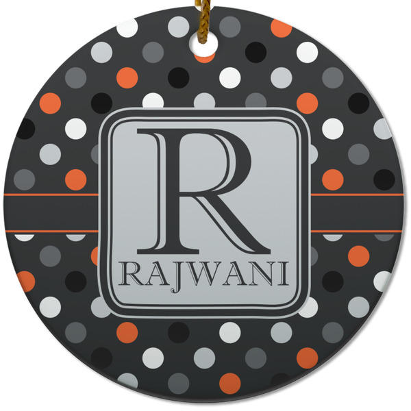 Custom Gray Dots Round Ceramic Ornament w/ Name and Initial
