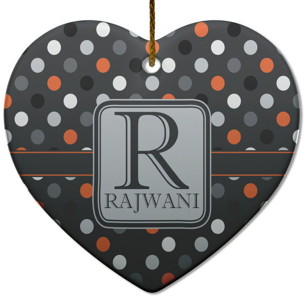 Custom Gray Dots Heart Ceramic Ornament w/ Name and Initial
