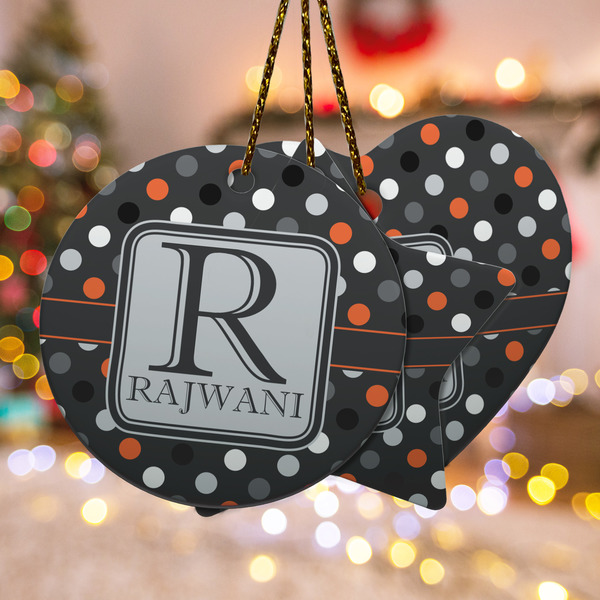 Custom Gray Dots Ceramic Ornament w/ Name and Initial
