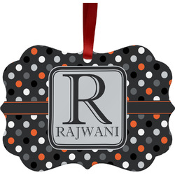Gray Dots Metal Frame Ornament - Double Sided w/ Name and Initial