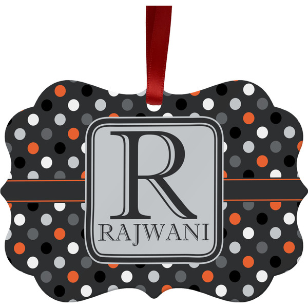 Custom Gray Dots Metal Frame Ornament - Double Sided w/ Name and Initial