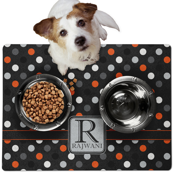 Custom Gray Dots Dog Food Mat - Medium w/ Name and Initial