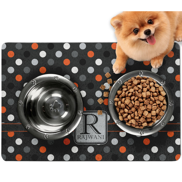 Custom Gray Dots Dog Food Mat - Small w/ Name and Initial