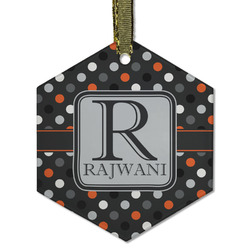 Gray Dots Flat Glass Ornament - Hexagon w/ Name and Initial