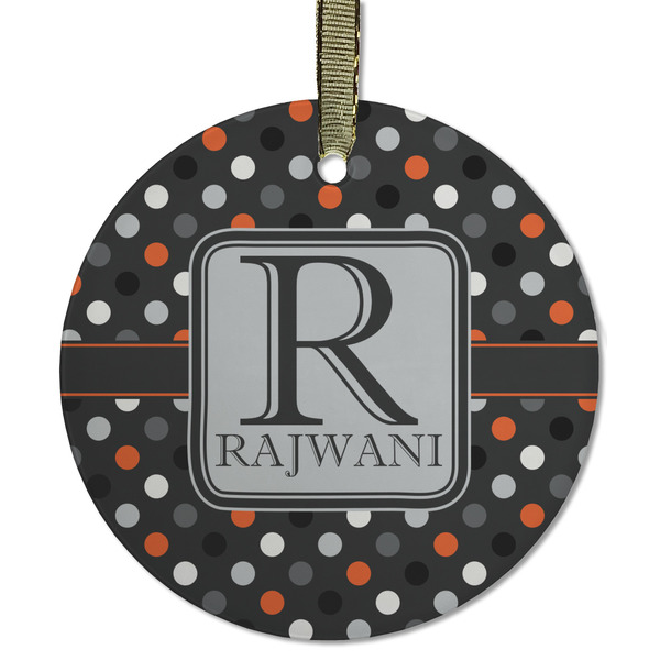 Custom Gray Dots Flat Glass Ornament - Round w/ Name and Initial
