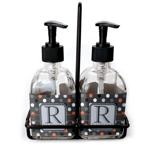 Custom Gray Dots Glass Soap & Lotion Bottle Set (Personalized)
