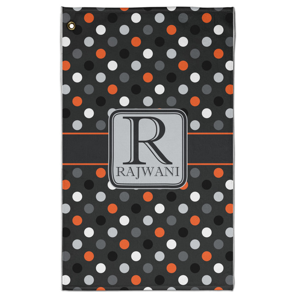 Custom Gray Dots Golf Towel - Poly-Cotton Blend - Large w/ Name and Initial