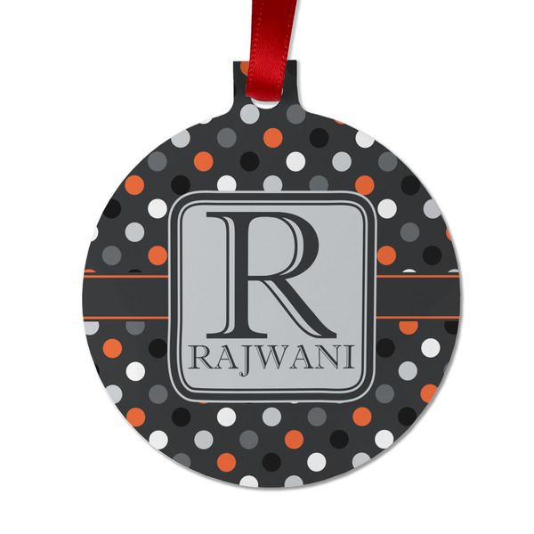 Custom Gray Dots Metal Ball Ornament - Double Sided w/ Name and Initial
