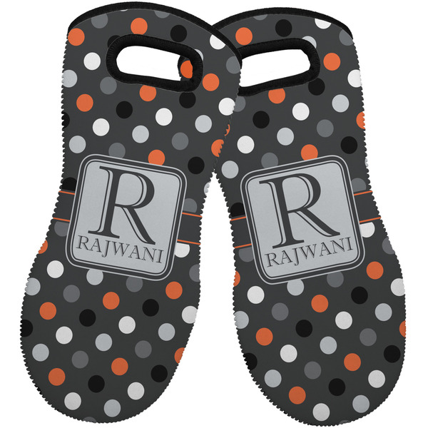 Custom Gray Dots Neoprene Oven Mitts - Set of 2 w/ Name and Initial