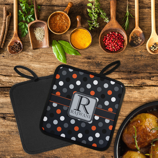 Gray Dots Neoprene Pot Holder - Set of 2  LIFESTYLE (Flatlay)