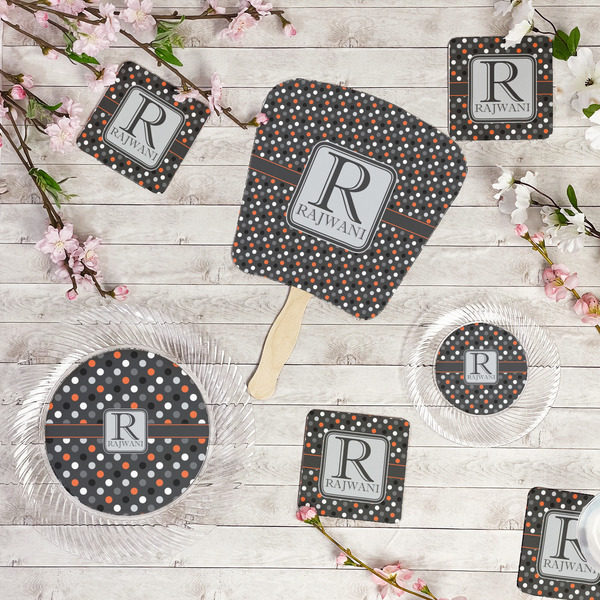 Gray Dots Party Supplies Combination Image - All items - Plates, Coasters, Fans